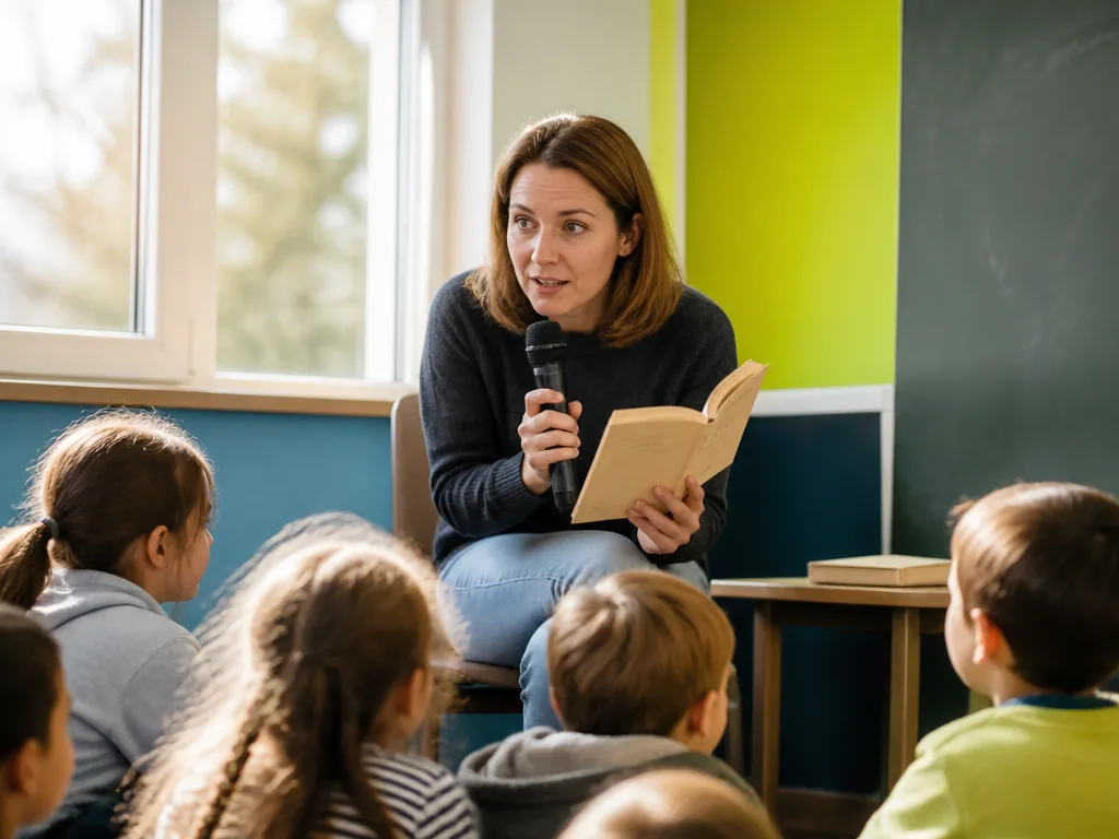 Enseignante animant une lecture à voix haute devant sa classe attentive