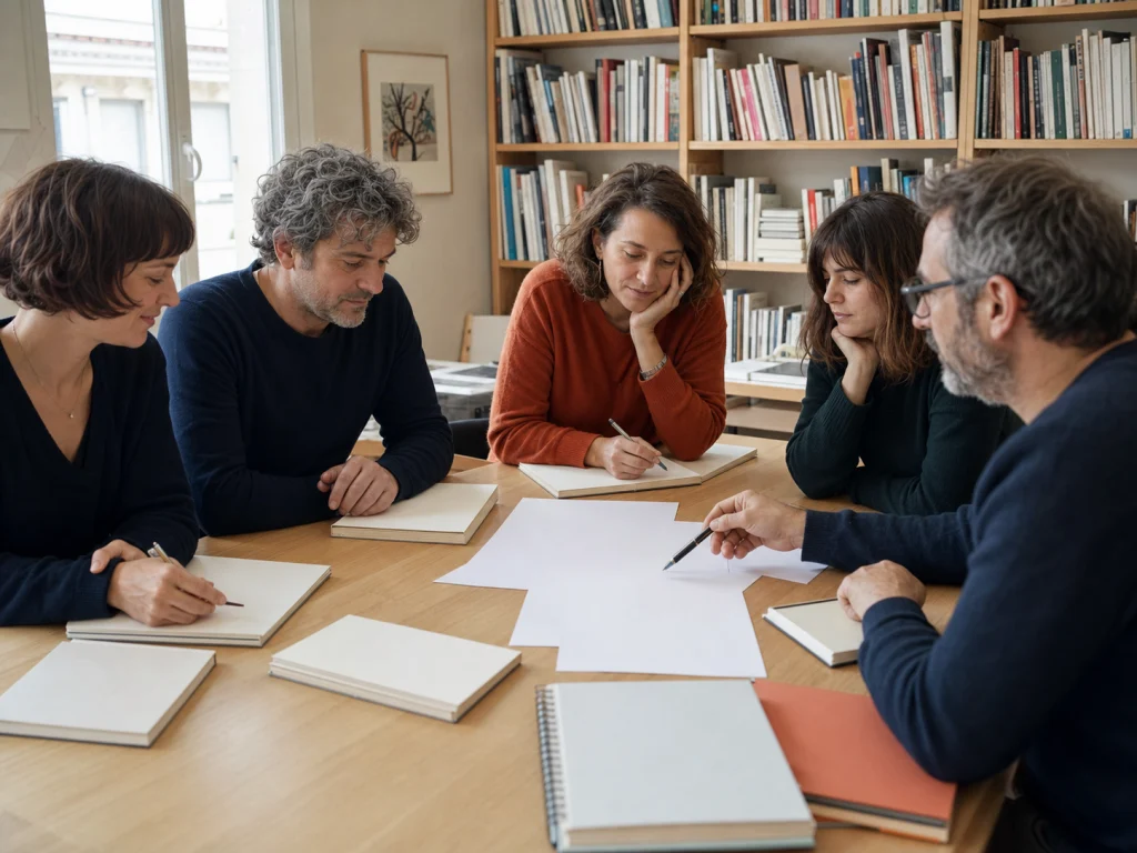 Auteurs et illustrateurs jeunesse préparant une rencontre autour de la Charte