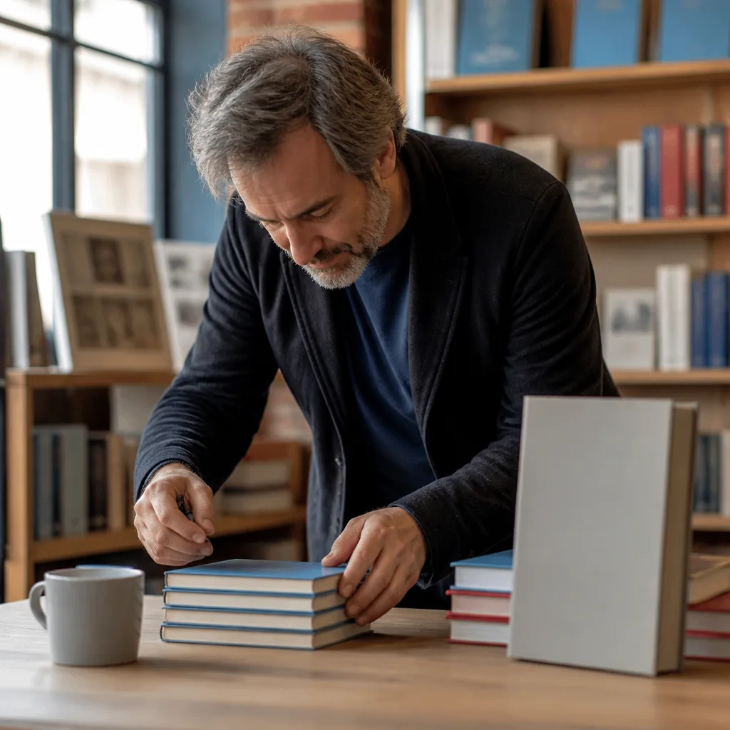 Auteur préparant une séance de dédicaces dans une librairie