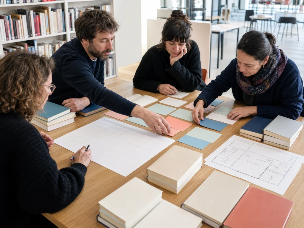 Organisatrice préparant la programmation d’un salon du livre jeunesse